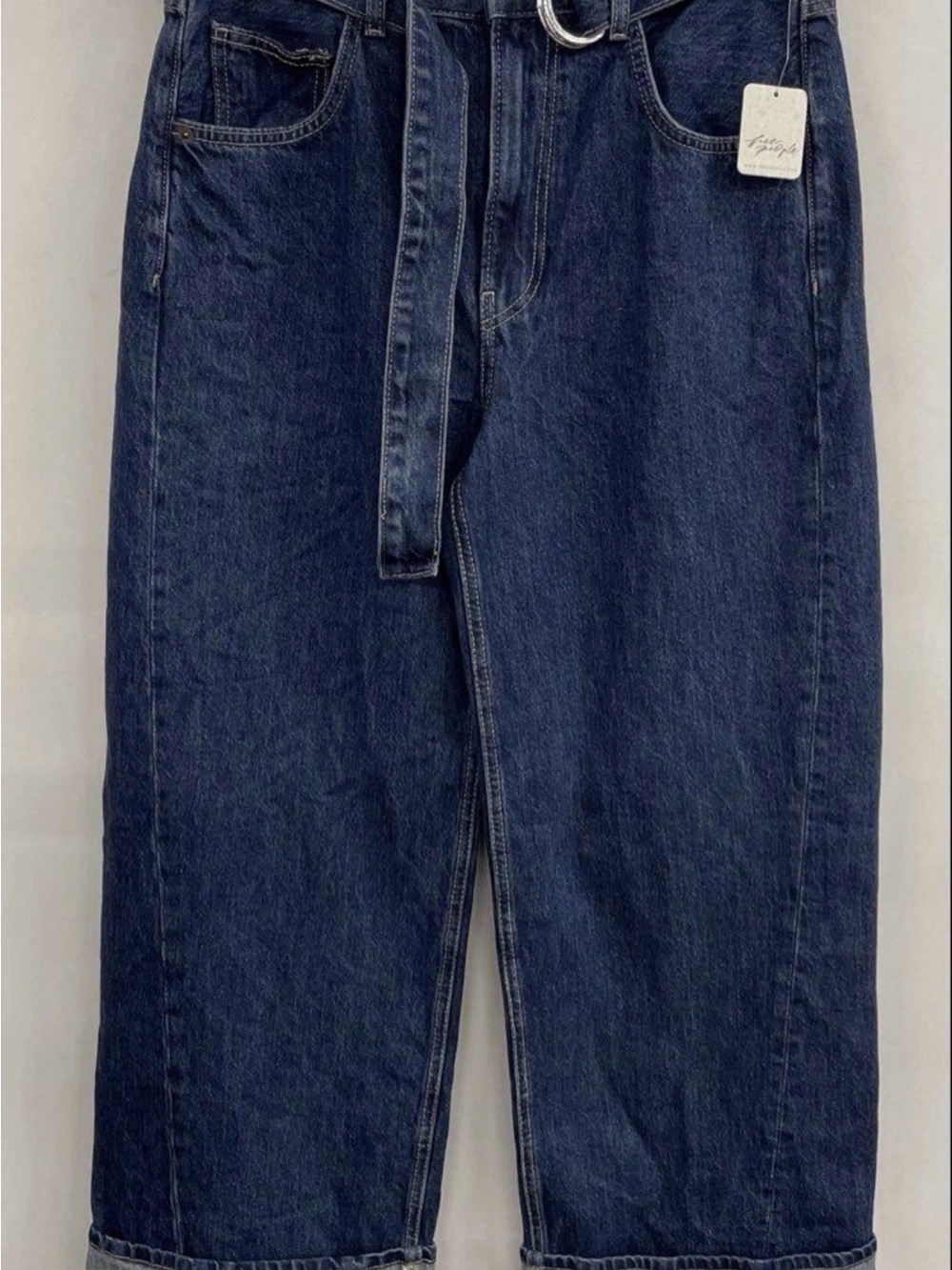 We The Free Dark Blue Cropped High-Waist Jeans with Belt